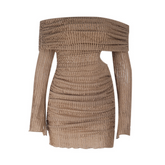 Textured long sleeve off shoulder hollow out cut out mini dress | Festival Outfits Women