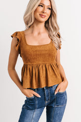For The Girls Faux Suede Peplum Top (Camel)