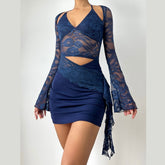 Long sleeve lace halter self tie ruched mini dress | Festival Outfits Women