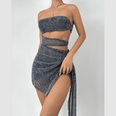 O ring hollow out irregular ruffle ribbed ruched tube cut out mini dress | Festival Outfits Women