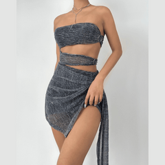 O ring hollow out irregular ruffle ribbed ruched tube cut out mini dress | Festival Outfits Women
