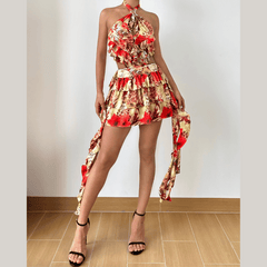 Hollow out halter self tie ruffle print cut out mini dress | Festival Outfits Women