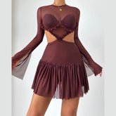 Crewneck long sleeve mesh ruched mini dress | Festival Outfits Women