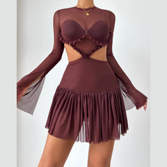 Crewneck long sleeve mesh ruched mini dress | Festival Outfits Women