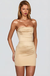 Satin Scalloped-Bandeau Ruched Mini Dress in Champagne