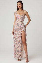 Asymmetric Ruffled Lace-Up Gown in Primrose Floral Print