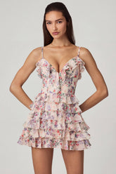 Ruffled Lace-Up A-Line Mini Dress in Primrose Floral Print