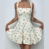 Square neck strawberry print lace up cami mini dress | Festival Outfits Women