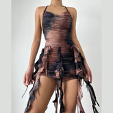 Halter backless tie dye ruffle mini dress | Festival Outfits Women