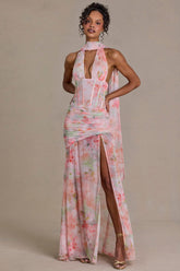 Embellished Scarf-Detail Maxi Dress in Pink Floral Print