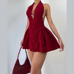 Halter deep v neck backless glitter mini dress | Festival Outfits Women