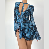 V neck long flared sleeve mesh flower print mini dress | Festival Outfits Women