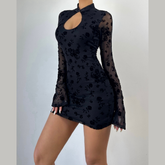 Long flared sleeve hollow out flower print cut out mini dress | Festival Outfits Women