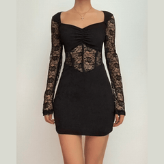 Lace patchwork corset long sleeve solid ruched mini dress | Festival Outfits Women