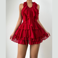 Halter ruffle flower applique mini dress | Festival Outfits Women