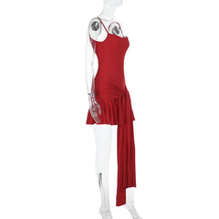 U neck solid knotted ruffle ruched cami mini dress | Festival Outfits Women