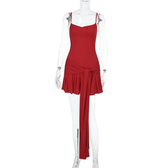 U neck solid knotted ruffle ruched cami mini dress | Festival Outfits Women