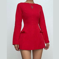 Long sleeve bowknot solid mini dress | Festival Outfits Women