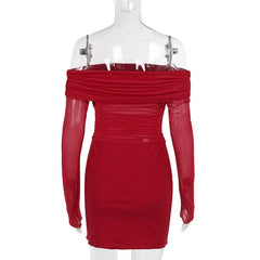 Off shoulder long sleeve slit mesh ruched mini dress | Festival Outfits Women