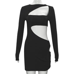 Long sleeve irregular hollow out ribbed cut out mini dress | Festival Outfits Women