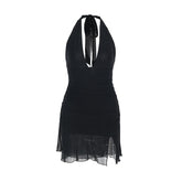 Halter self tie deep v neck slit ruched mini dress | Festival Outfits Women