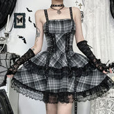Plaid lace hem lace up cami mini dress | Festival Outfits Women