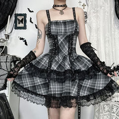 Plaid lace hem lace up cami mini dress | Festival Outfits Women