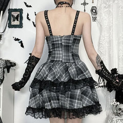 Plaid lace hem lace up cami mini dress | Festival Outfits Women