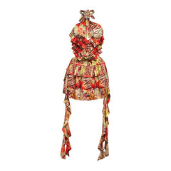 Hollow out halter self tie ruffle print cut out mini dress | Festival Outfits Women