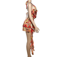 Hollow out halter self tie ruffle print cut out mini dress | Festival Outfits Women