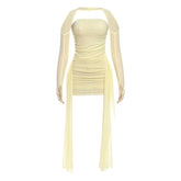 Mesh ruched gloves backless tube mini dress | Festival Outfits Women