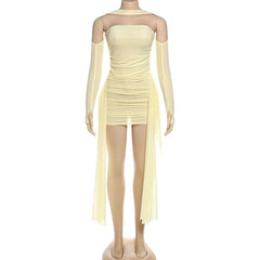 Mesh ruched gloves backless tube mini dress | Festival Outfits Women
