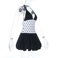 Halter polka dot v neck smocked mini dress | Festival Outfits Women