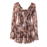 Long flared sleeve ruffle lace up print mini dress | Festival Outfits Women