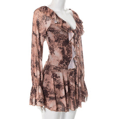 Long flared sleeve ruffle lace up print mini dress | Festival Outfits Women