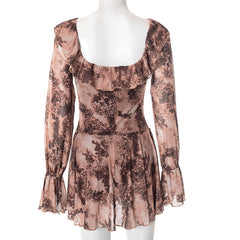 Long flared sleeve ruffle lace up print mini dress | Festival Outfits Women
