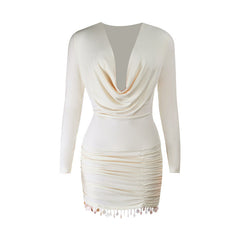 Cowl neck long sleeve ruched tassels mini dress | Festival Outfits Women