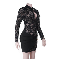 Long sleeve hollow out lace cut out mini dress | Festival Outfits Women