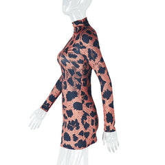 High neck leopard print long sleeve mini dress | Festival Outfits Women | Leopard Print Mini Dress