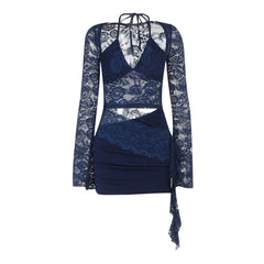 Long sleeve lace halter self tie ruched mini dress | Festival Outfits Women