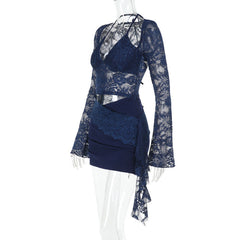 Long sleeve lace halter self tie ruched mini dress | Festival Outfits Women