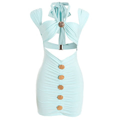 Hollow out halter self tie ruched cut out mini dress | Festival Outfits Women