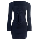 Hollow out long sleeve ruched solid cut out mini dress | Festival Outfits Women