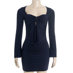 Hollow out long sleeve ruched solid cut out mini dress | Festival Outfits Women