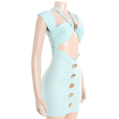 Hollow out halter self tie ruched cut out mini dress | Festival Outfits Women