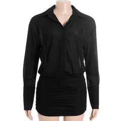 Long sleeve turnover collar button chiffon mini dress | Festival Outfits Women