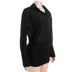 Long sleeve turnover collar button chiffon mini dress | Festival Outfits Women