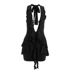 Halter self tie ruched deep v neck ruffle mini dress | Festival Outfits Women