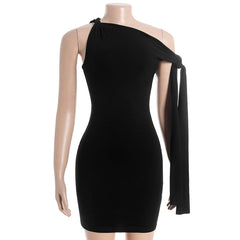 Self tie irregular one shoulder solid mini dress | Festival Outfits Women