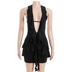Halter self tie ruched deep v neck ruffle mini dress | Festival Outfits Women